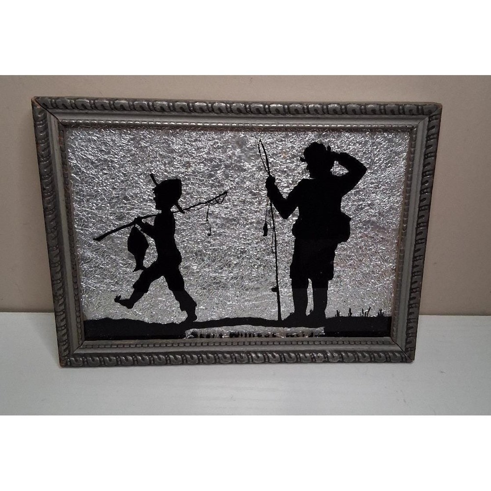 Vintage Reverse Glass Fishing Silhouette Wall Art Textured Foil Background